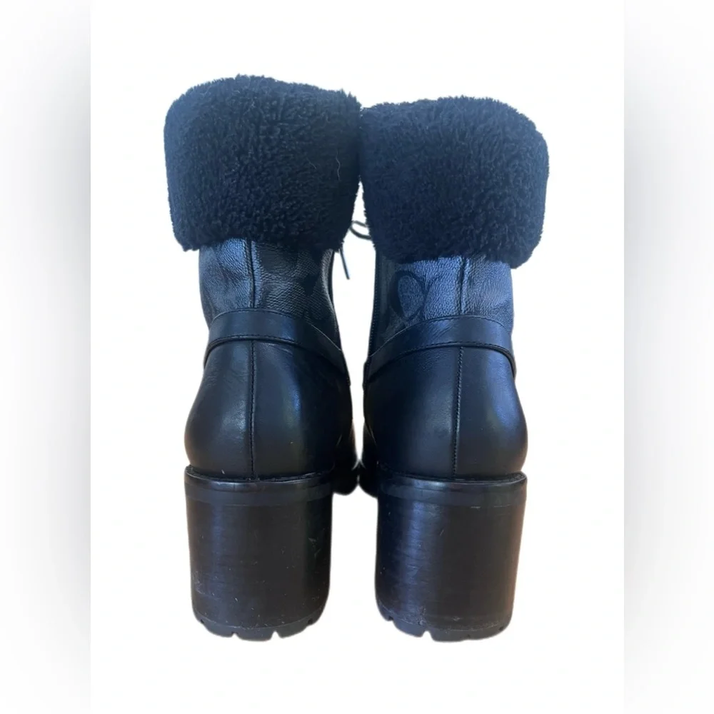 Coach Black Leather & Signature Canvas Lace-Up Combat Boots - Picture 3 of 4